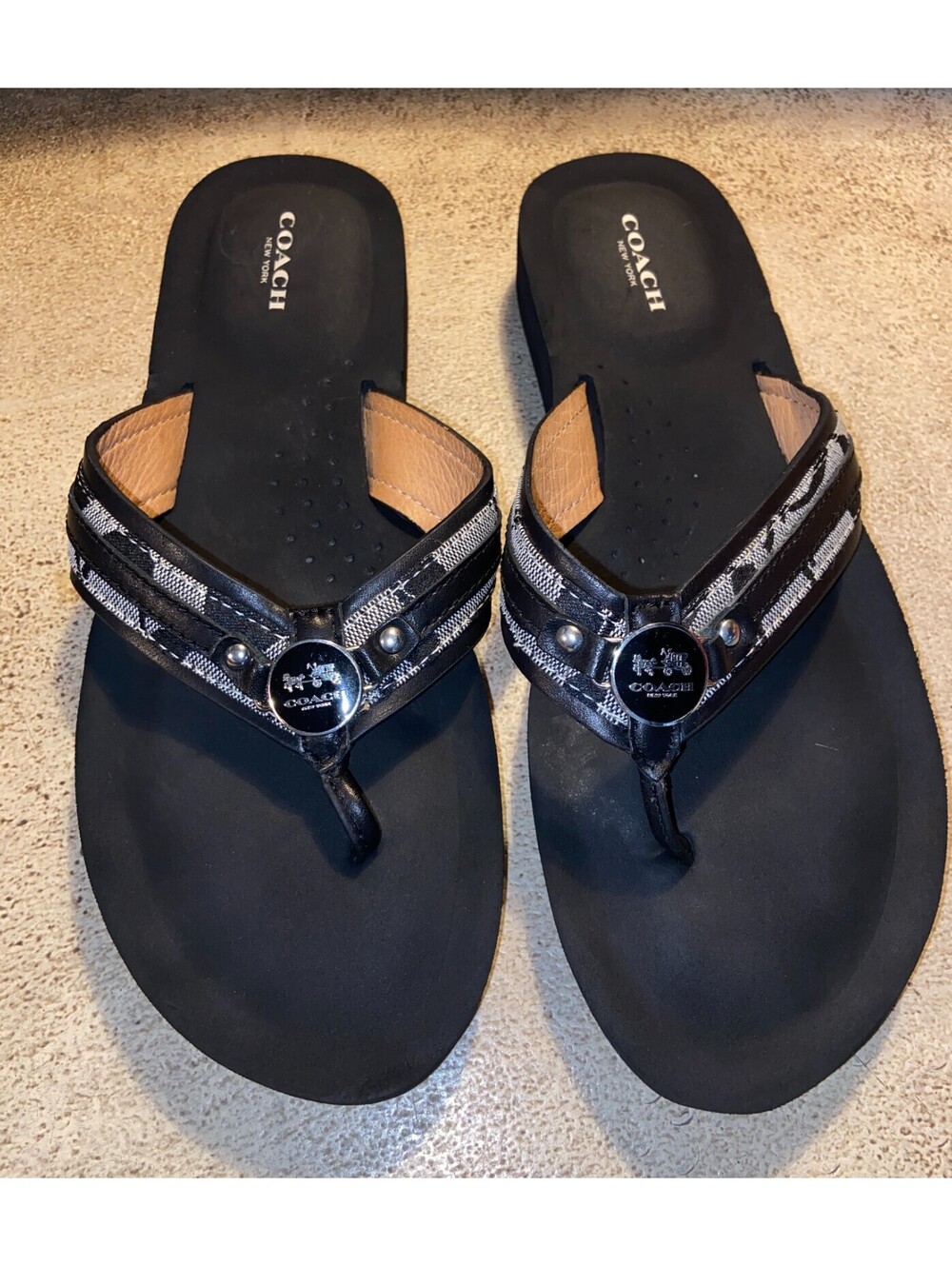 COACH Jasmine Women's Black Signature C Jacquard Wedge Thong Flip Flop Sandals